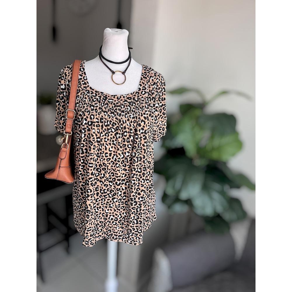 Style & Co Leopard Print Short Sleeve Blouse XL